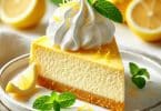 an image of a sugar-free lemon cheesecake, featuring a creamy texture and garnished with lemon zest, fresh lemon slices, and a sprig of mint. Enjoy!