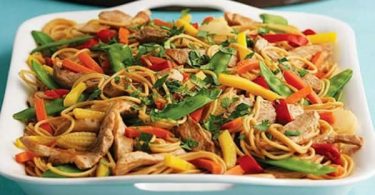 Chicken Lo Mein Recipe- This dish is easy to make, and full of flavor. The chicken is incredibly tender, and the ginger, garlic and soy sauce combine to give it its authentic taste. Garnish with chopped fresh cilantro.