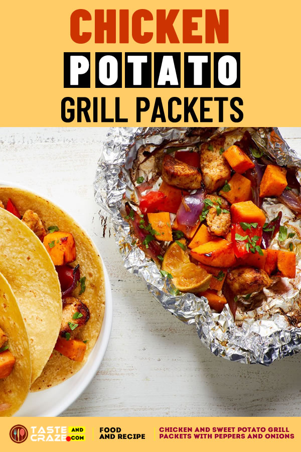 Chicken and sweet potato grill packets with peppers and onions. #PotatoGrillPackets #GrillPackets #ChickenGrillPackets #ChickenGrill