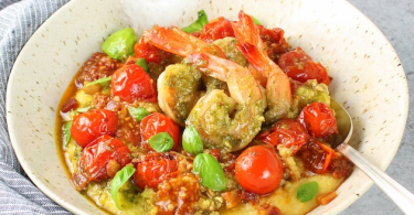 Pesto shrimp pasta recipe with parmesan polenta