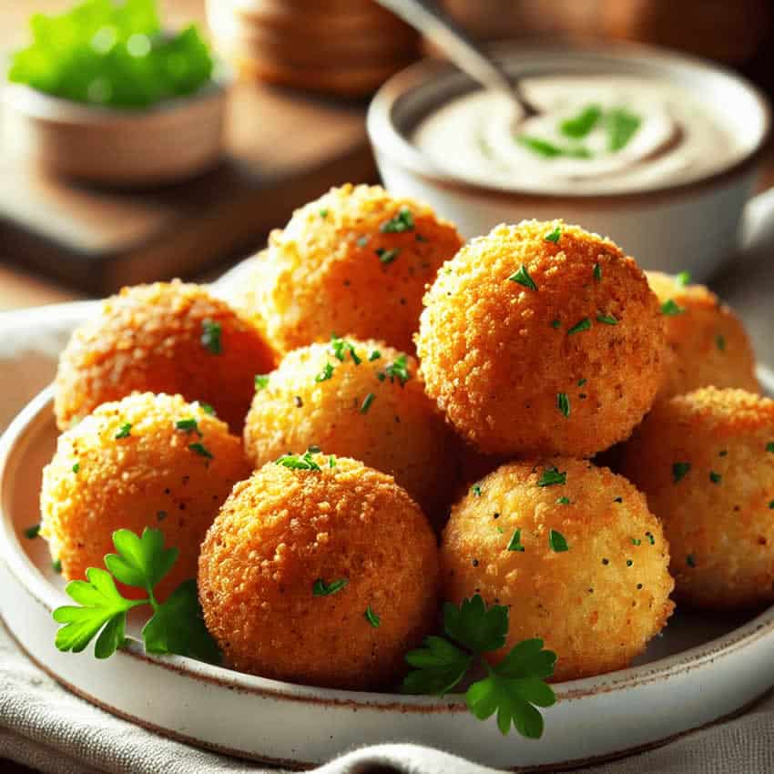  A detailed, close-up shot of golden-brown crispy bread balls served on a white plate, garnished with chopped parsley, and accompanied by a dipping sauces