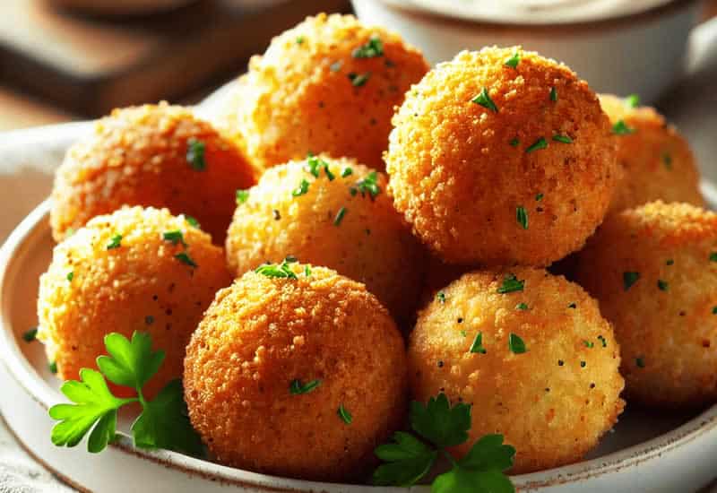 A detailed, close-up shot of golden-brown crispy bread balls served on a white plate, garnished with chopped parsley, and accompanied by a dipping sauces.